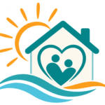 Baja Adult Care logo: a home with a heart, sun and ocean waves