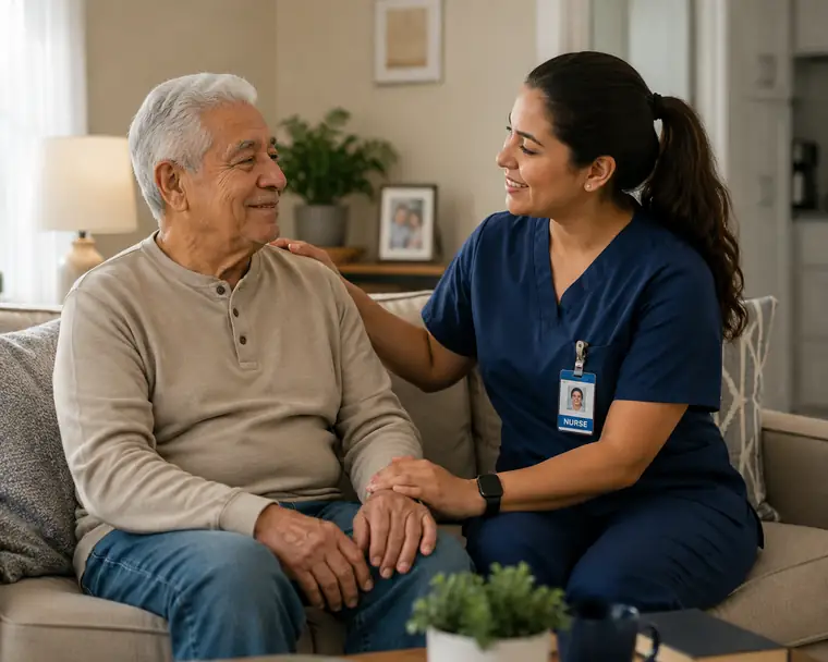 Bilingual Baja Adult Care nurse talking with a senior in Tijuana